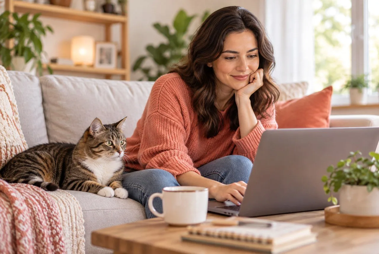 Tabby cat resting beside an owner working on a laptop at home